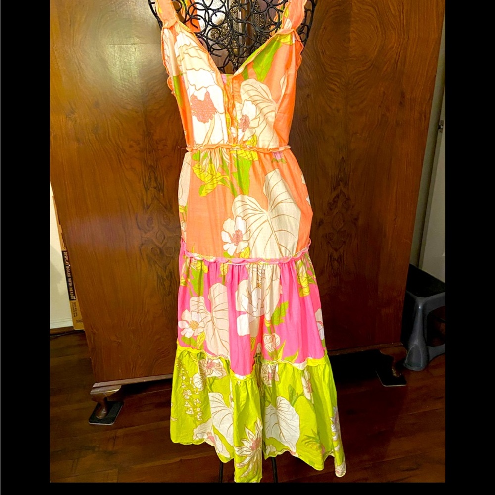 Farm Rio NWT Mixed Neon Garden Tiered Midi Dress